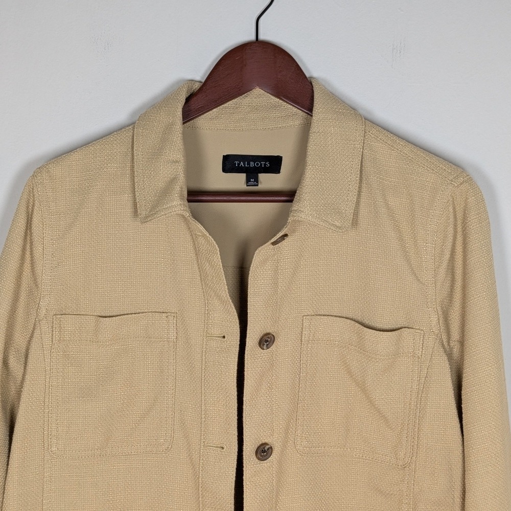 Talbots Women Tan Beige Textured Cotton Blend Button Front Utility Jacket Size M